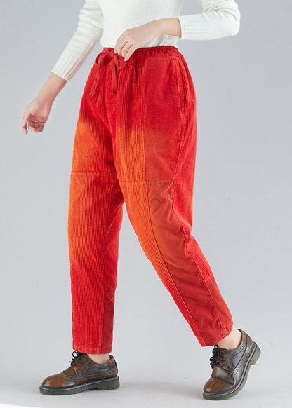 Red Retro Colorblock Tie Waist Fall Corduroy Pants