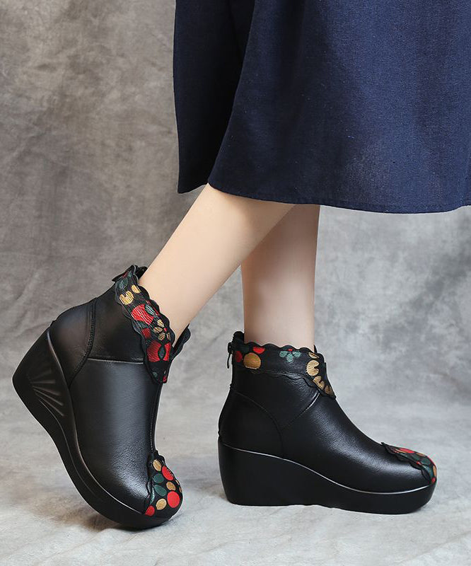 Red Splicing Cowhide Leather Ankle Boots Wedge