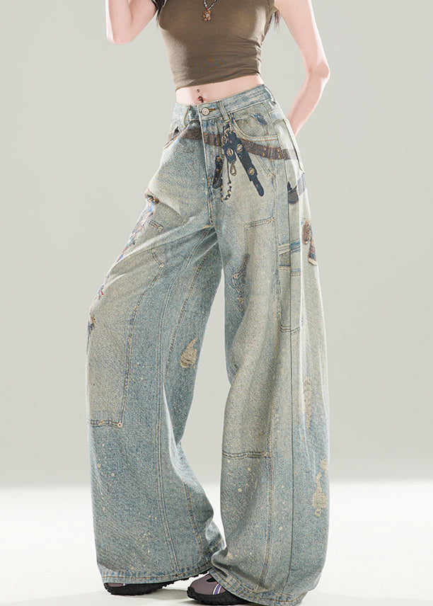 Stylish Blue Pockets Print Denim Wide Leg Pants Fall