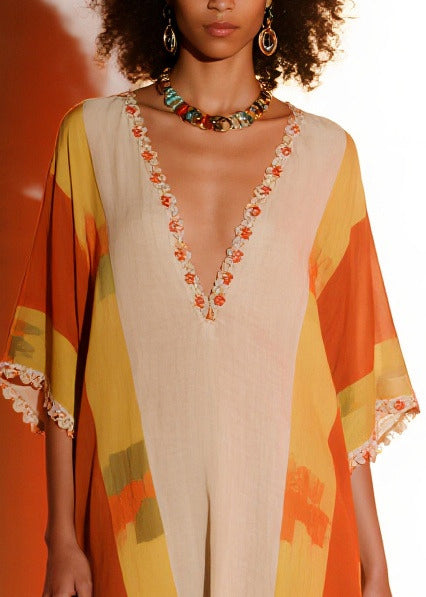 Orange Ruffled Print Chiffon Holiday Dress Summer