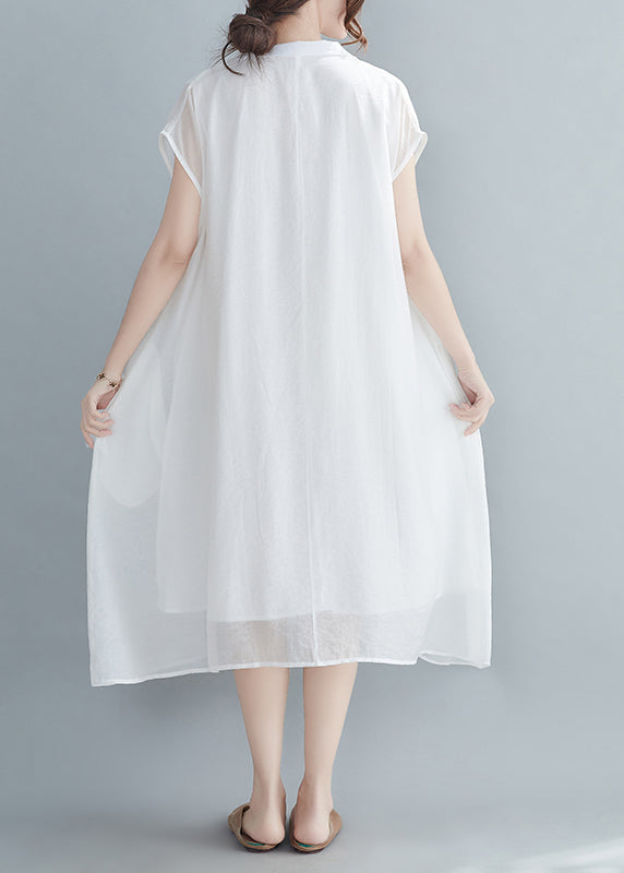 White Chiffon Long Dress Extra Large Hem Lace Up Short Sleeve