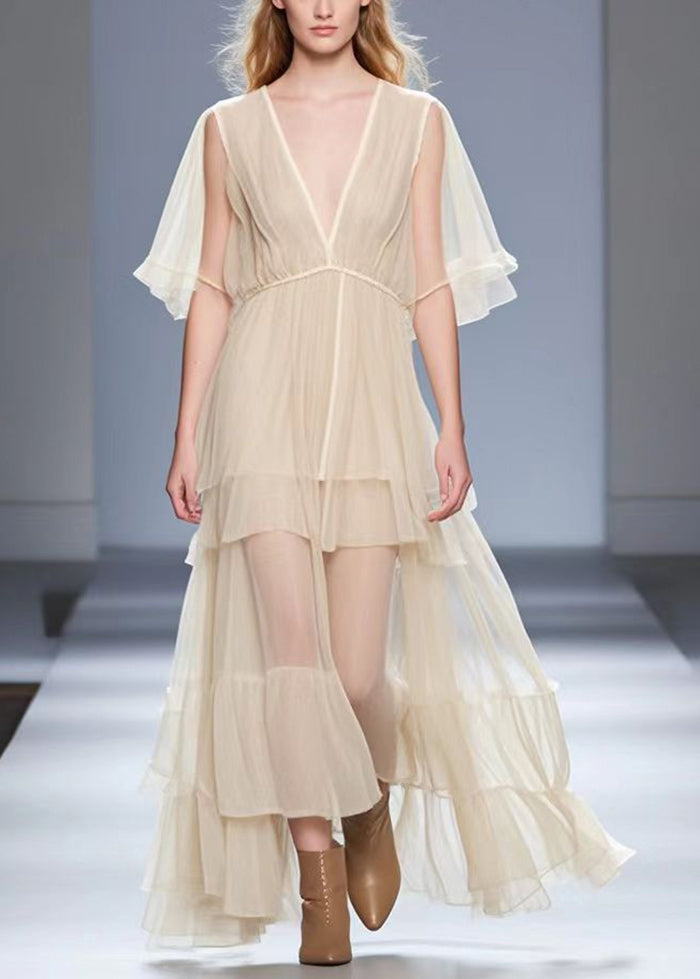 Apricot V Neck Exra Large Hem Silk Long Dress Summer