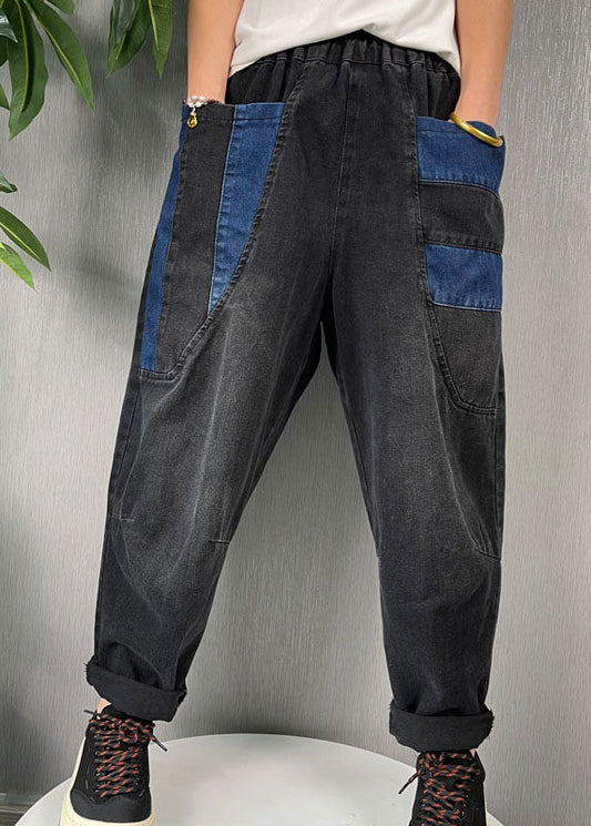 Natural Black Patchwork Denim Harem Pants Spring