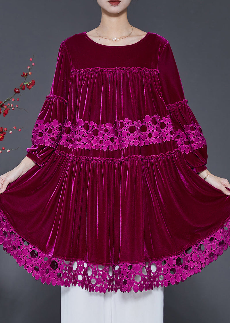 Rose Patchwork Lace Silk Velour Dress Oversized Lantern Sleeve