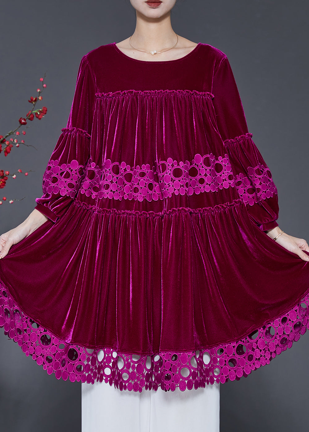 Rose Patchwork Lace Silk Velour Dress Oversized Lantern Sleeve