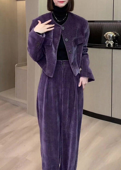 Modern Purple O-neck Button Silk Velour Coats and Wide Leg Pants Two Pieces Set Fall