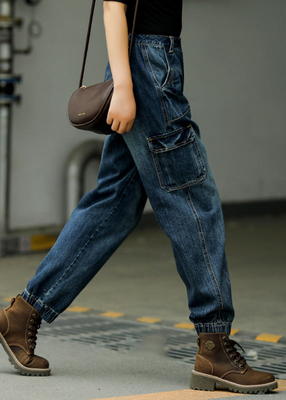 Blue Patchwork Pockets High Waist Cotton Beam Denim Pants Fall