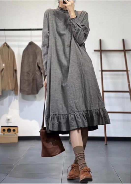 Style Grey Ruffled Patchwork Cotton Maxi Dresses Spring