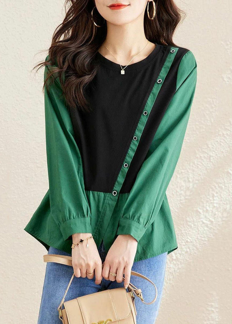 Green O-neck Asymmetrical Patchwork Wrinkled Top Long Sleeve