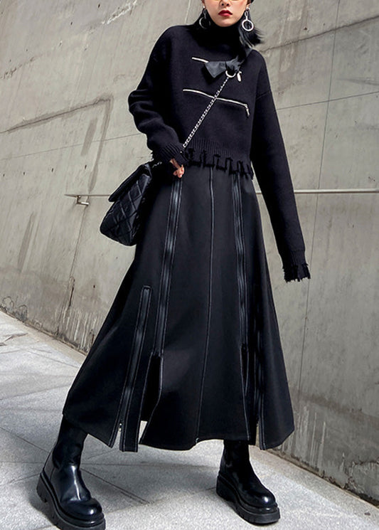 Black Elastic Waist Zippered a Line Skirt Spring