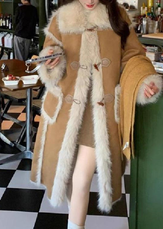 Stylish Khaki Pockets Patchwork Leather and Fur Warm Fleece Coat Winter