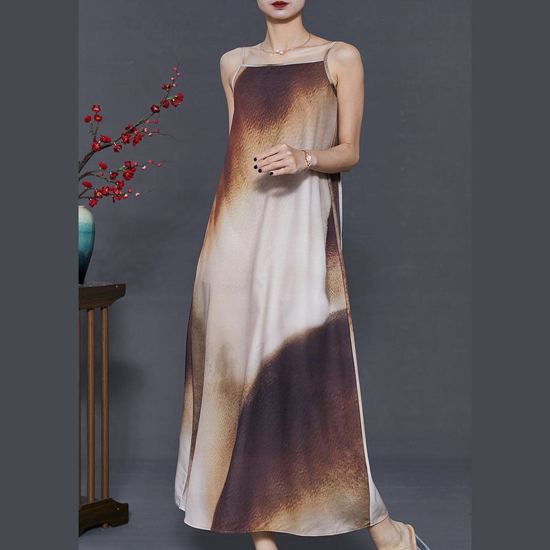 Brown Tie Dye Draping Silk Spaghetti Strap Dress Summer