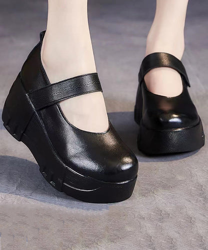 Black Cowhide Leather Buckle Strap High Wedge Heels Shoes
