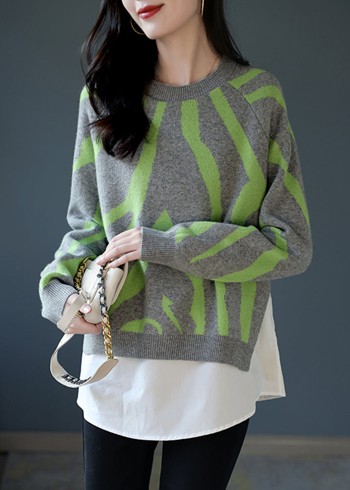 Grey Print Patchwork Wool Knit Fake Two Piece Pullover Tops Winter