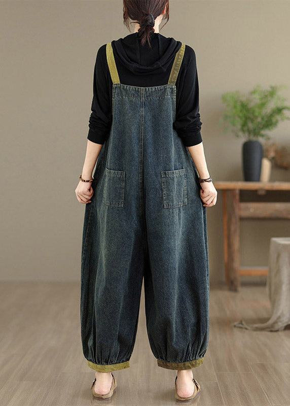 Natural Dark Blue Pockets Patchwork Denim Jumpsuits Sleeveless