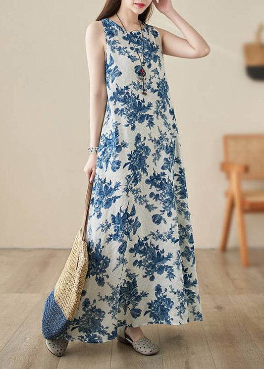Blue O-neck Print Long Dress Summer