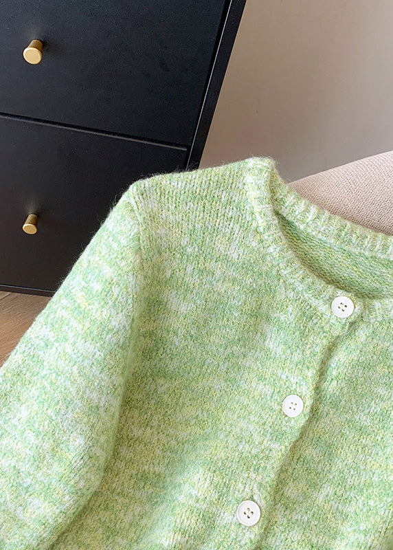 Fitted Green O-neck Button Cozy Cotton Knit Cardigan Winter