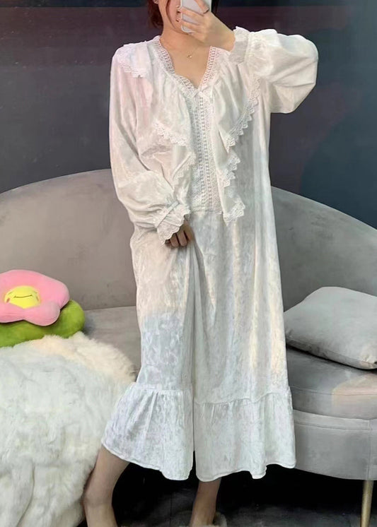 Diy White V Neck Lace Patchwork Silk Velour Maxi Dresses Spring