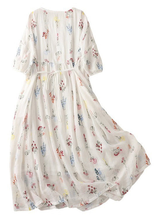 New White O-neck Lace Up Cotton Dresses Half Sleeve