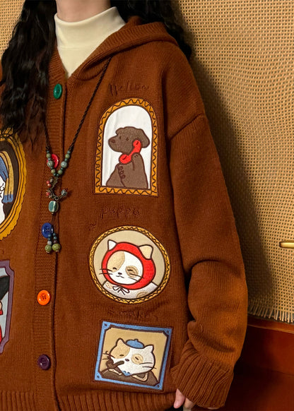 Brown Hooded Applique Button Knit Coats Spring
