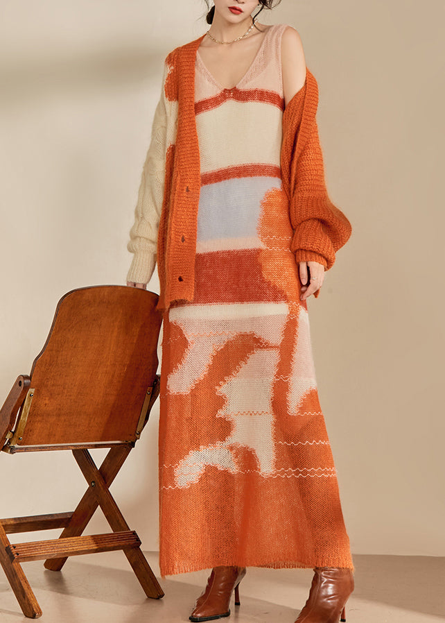 Orange Print Ma Hai Mao Knitted Two Piece Set Outfits Fall