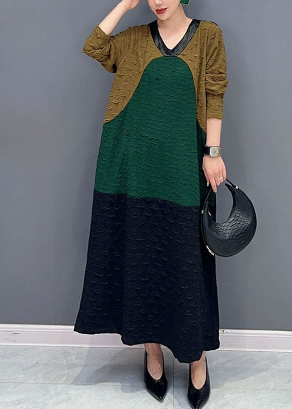 Colorblock O-neck Long Dresses Fall
