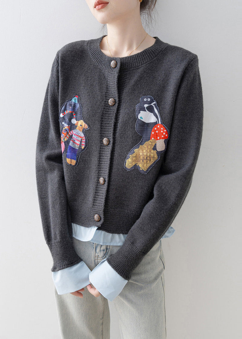 Grey Oversized Patchwork Knit Fake Two Piece Cardigan Winter