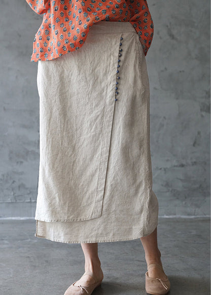 Fine Beige Elastic Waist Asymmetrical Design Pocket Linen Skirts Spring