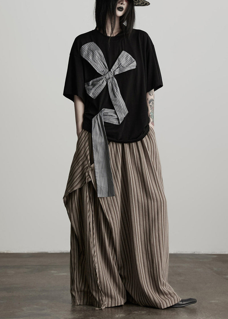 Coffee Pockets Striped False Two Pieces Cotton Pants Fall