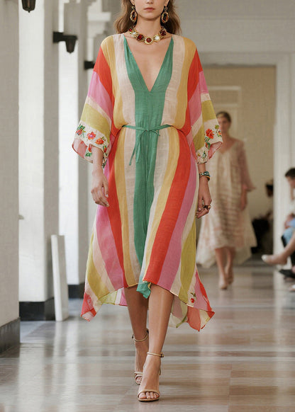 Rainbow Striped Tie Waist Cotton Tunic Dresses Summer
