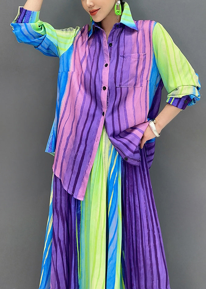 Gradient Color Striped Cotton Pleated Sets 2 Pieces Fall