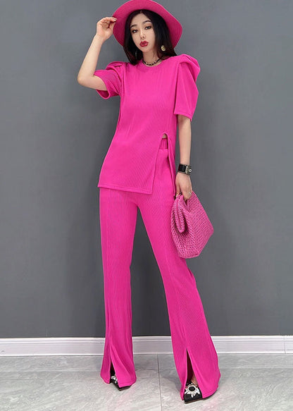 Slim Fit Red O-neck Side Open Cotton Two Piece Suit Set Short Sleeve