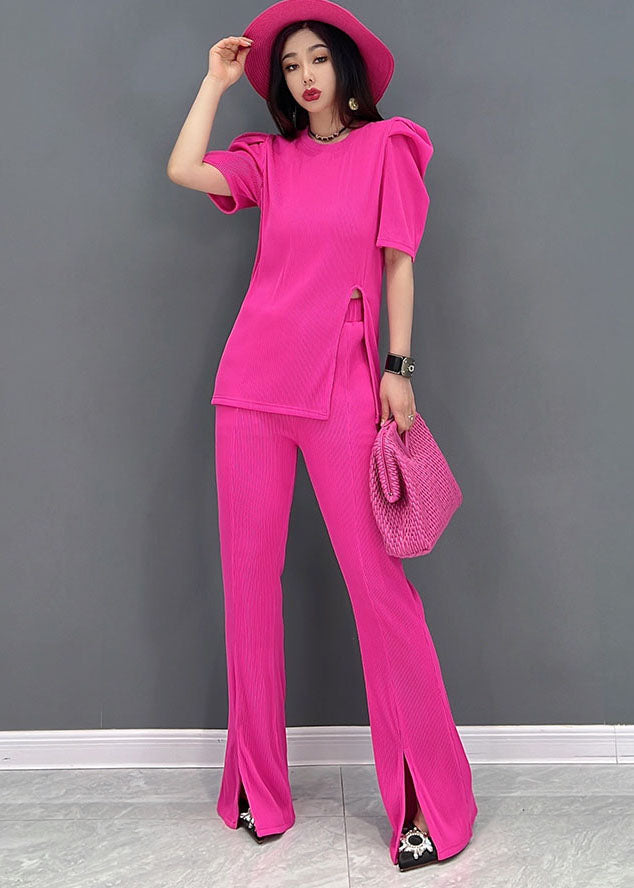 Slim Fit Red O-neck Side Open Cotton Two Piece Suit Set Short Sleeve