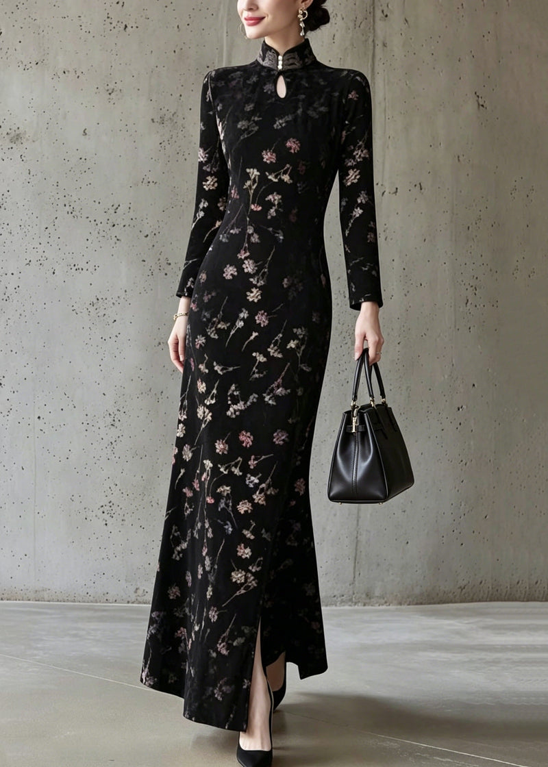 Chinese Style Black Stand Collar Print Cotton Dress Fall
