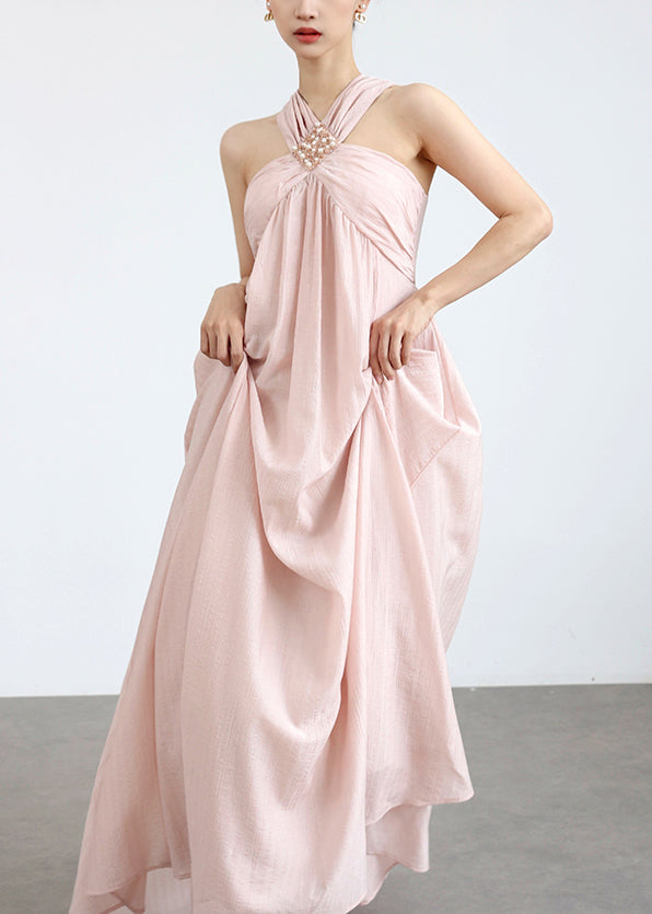 Pink Cold Shoulder Pearl Cotton Maxi Dresses Sleeveless
