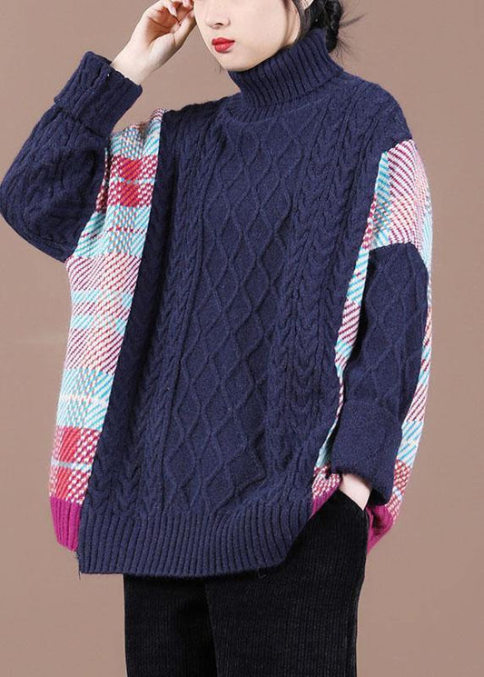 Fine Navy Patchwork High Neck Fall Knit Sweater