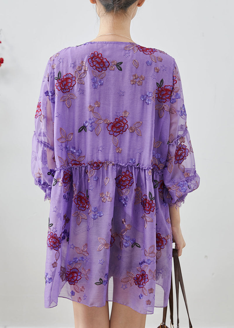 Purple Embroidered Patchwork Chiffon Vacation Dress Fall