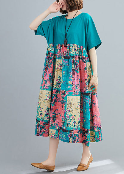 Green Print Cotton Maxi Dresses O-neck Oversized Summer