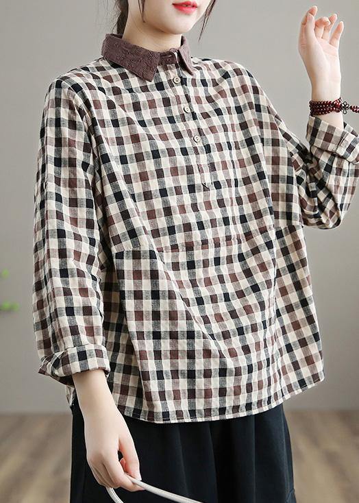 Style Chocolate Plaid Shirts Lapel Patchwork Vestidos De Lino Spring Shirts