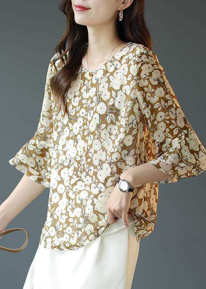 French Green O-neck Print Chiffon Shirt Top Flare Sleeve