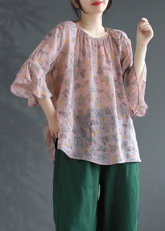 Pink Print Patchwork Linen Shirts Flare Sleeve