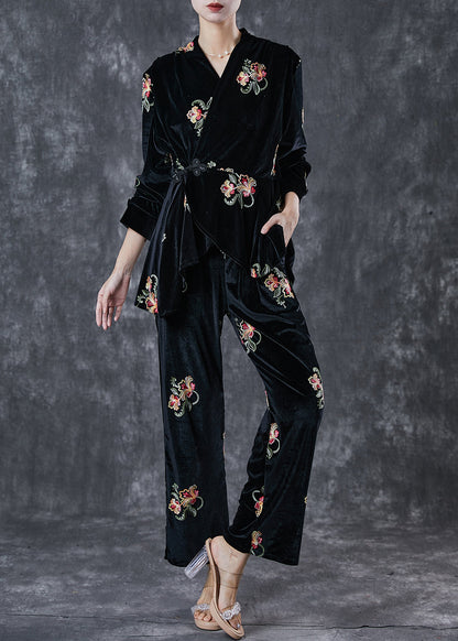 Black Embroideried Chinese Button Silk Velour 2 Piece Outfit Spring