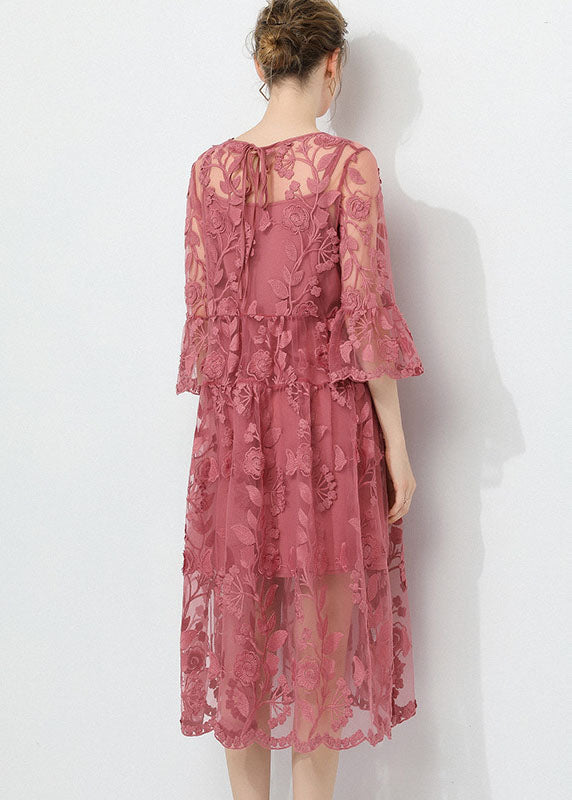 Pink Embroideried O-neck Two Pieces Set Lace Dress