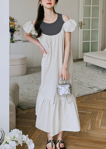 New Off the Shoulder Puff Sleeve Wrinkled Patchwork Cotton Dress
