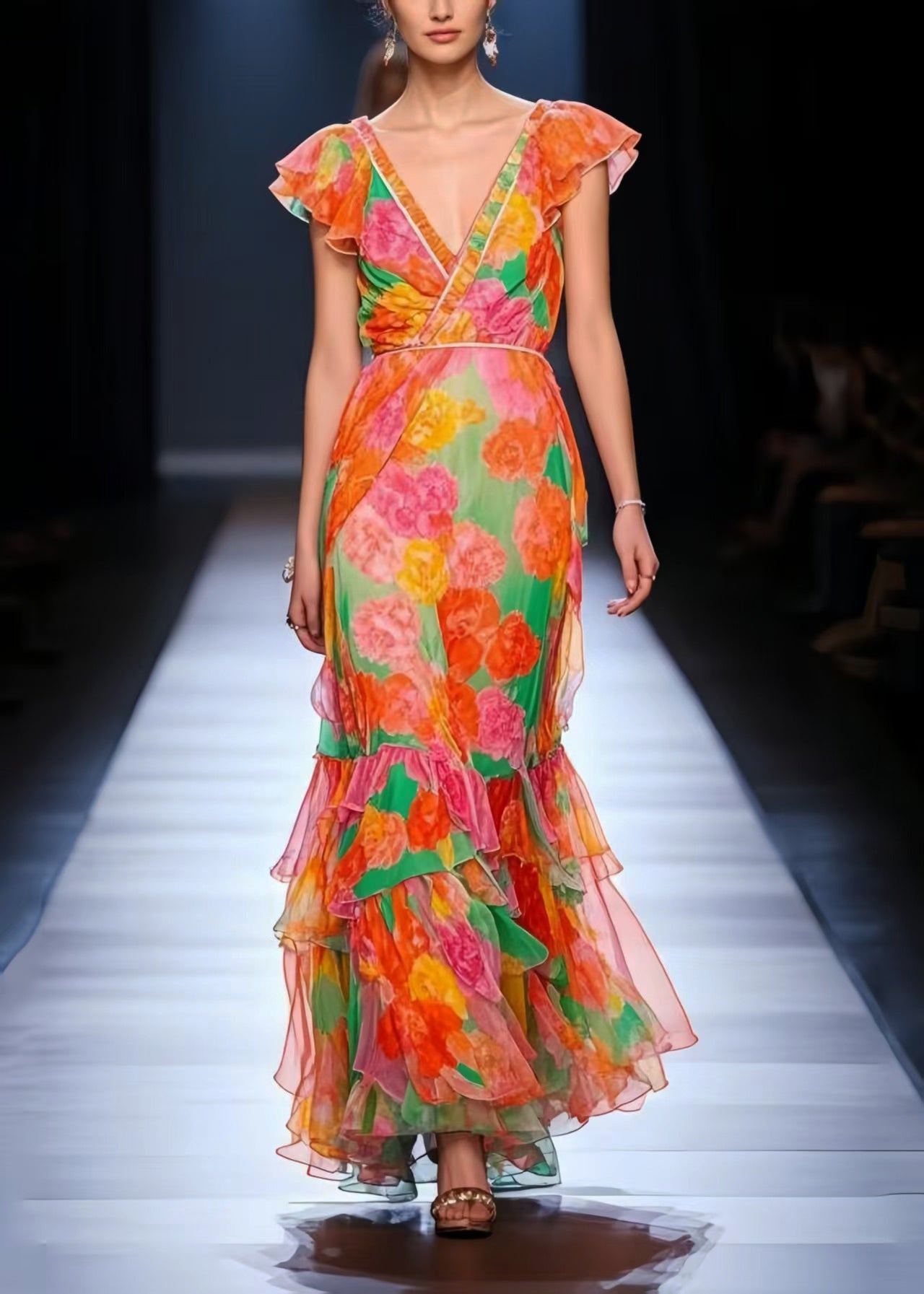 Orange V Neck Chiffon Maxi Dress Summer