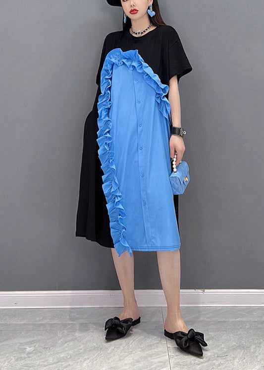 Blue O-neck Ruffled Patchwork Button Dress Short Sleeve