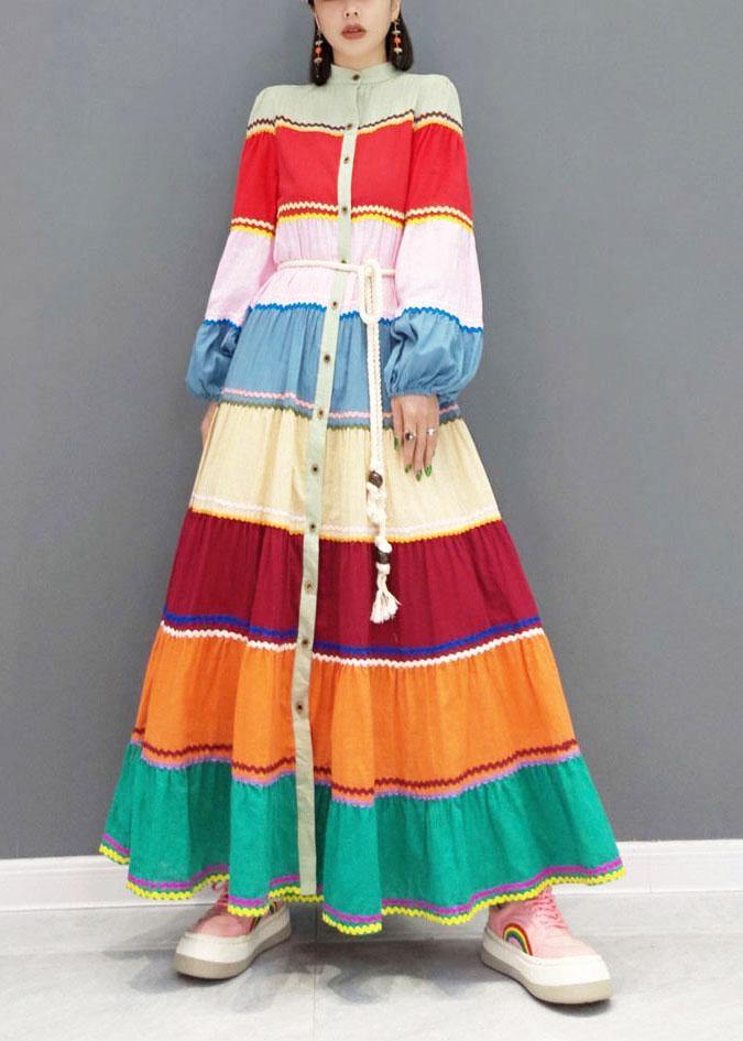 Color Block Button Patchwork Holiday Dress Fall Long Sleeve