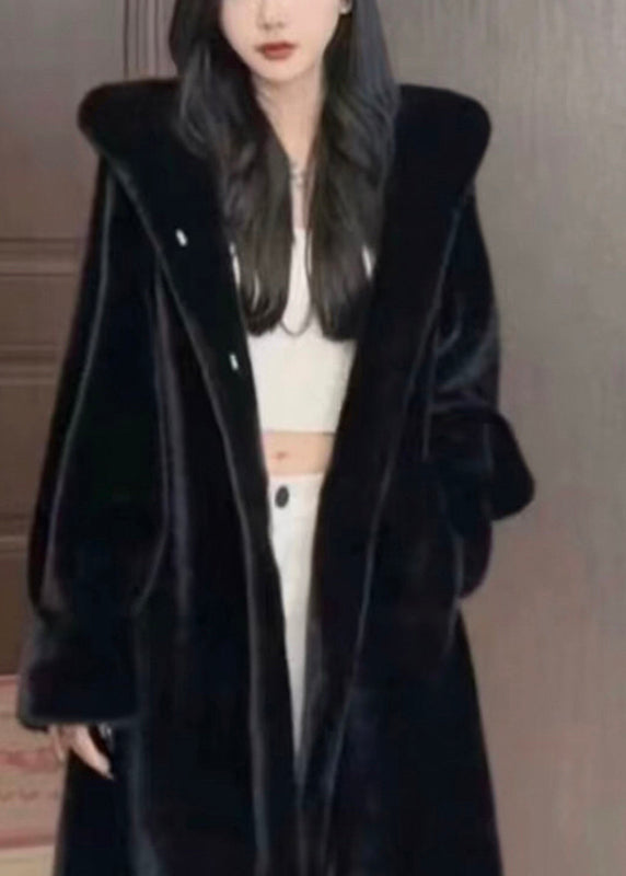 Black Patchwork Mink Velvet Hooded Maxi Trench Coat Winter