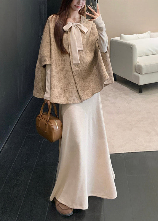 Original Oatmeal Bow Cape Coat and Dress Cotton Two Pieces Set Fall