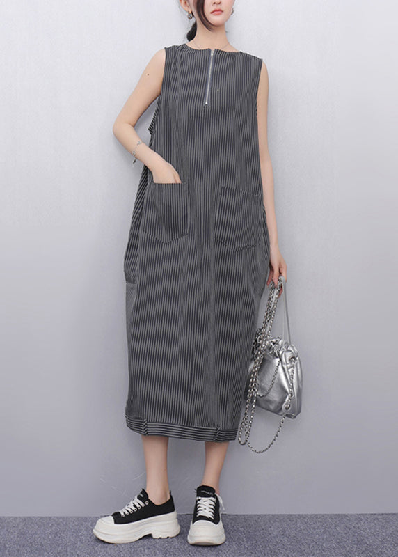 Dark Grey Striped Pockets Long Dresses Sleeveless